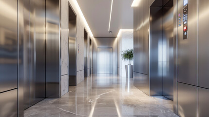 Metal elevator with closed, ajar and open lift doors in hallway. Realistic empty office lobby interior, hotel or waiting area with silver cabins, button panel and display on wall