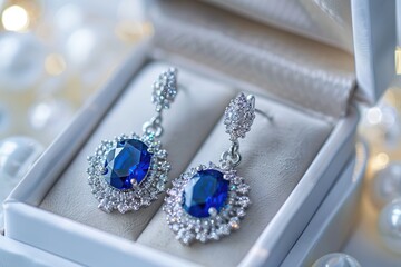 Wall Mural - Pair of blue sapphire earrings in box