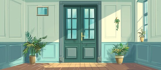 Poster - Inside a room, a cartoon door stands surrounded by various potted plants creating a cozy atmosphere