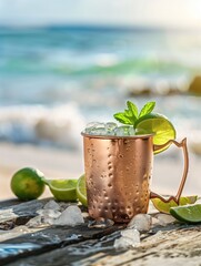 Moscow Mule cocktail on table with beach in background