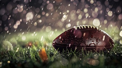 an American football on a rainy field, water droplets on the ball and wet grass around it reflect the stadium lights. The scene captures the intensity and harsh conditions of the sport.