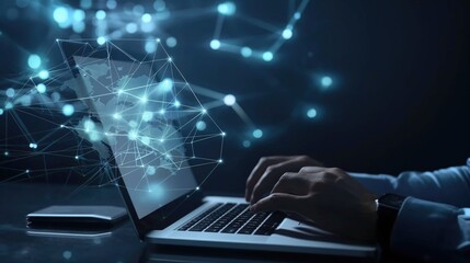 Digital technology, internet network connection, big data, digital marketing IoT internet of things. Man using modern computer surfing internet futuristic innovative technology background