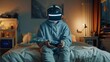 © sidatallah - Young gamer in virtual reality headset playing video games in dark bedroom at night
