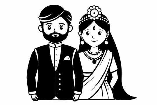 Wedding Indian coupe clipart black and white on white background