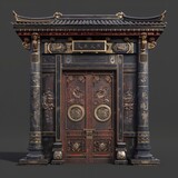 Fototapeta Boho - ornate traditional chinese gate with golden and red accents 3d illustration