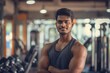 A young Indian man with a sporty physique stands confidently in a gym, his arms crossed