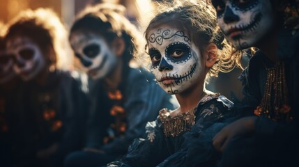 Wall Mural - Spooky elegance at the festival-a girl in sugar skull makeup, joining the vibrant Mardi Gras crowd in a celebration of tradition.