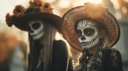 Wall Mural - Day of the Dead elegance-friends adorned in sugar skull makeup, capturing the festive spirit of Mardi Gras.