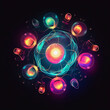 Beautiful colorful illustration of a cell or abstract figure of glowing spheres on a dark background 