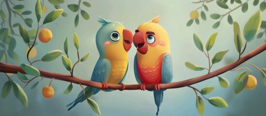 Poster - Two vibrant birds perched on a tree branch with ripe fruit in the background