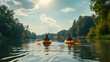 Adventurous Duo: Couple Enjoying a Scenic Canoe Trip on the Tranquil Lake. Generative AI
