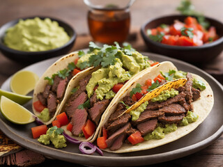 A savory taco plate with grilled beef fresh vegetables and guacamole