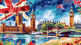 Fototapeta Big Ben - Colorful and artistic collage featuring famous sights and symbols of England, including Big Ben and Union Jack flags
