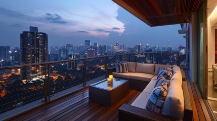 This image showcases a twilight scene from a balcony offering a breathtaking city view and serene atmosphere