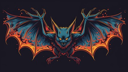 Wall Mural - A bat with orange and blue wings on a black background. A magical creature made of fire.