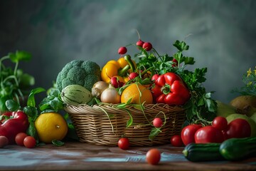 Wall Mural - A bountiful wicker basket filled with an abundance of fresh fruits and vegetables, presenting a feast for the eyes that radiates health and vitality