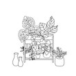 Indoor houseplants in pots on stand. Sketch, outline monster cactus home decor. Vector illustration with editable stroke for coloring book and design.