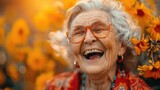 Fototapeta  - An elderly woman laughing contagious, radiating warmth and happiness. World Laughter Day.