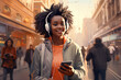 Black woman with smartphone and headphones in city or street walking and listening to music, networking and typing on chat ap. Portrait of a smiley young black woman with smartphone and headphones.