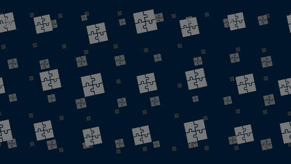 Poster - Puzzle symbols float horizontally from left to right. Parallax fly effect. Floating symbols are located randomly. Seamless looped 4k animation on dark blue background