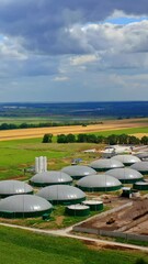 Wall Mural - Biogas production. Agricultural storage tanks for organic gas from biomass on field. Modern biogas plant. Aerial view. Camera moves back. Vertical video