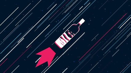 Poster - The world in a bottle symbol flies through the universe on a jet propulsion. The symbol in the center is shaking due to high speed. Seamless looped 4k animation on dark blue background with stars