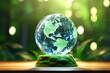 Environment concept, a crystal ball lies on a moss, reflection of the forest. Concept of nature, environmental protection.