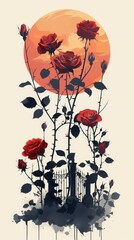 Aufkleber - a painting of roses in front of a full moon. black, red and orange floral flat illustration black, r