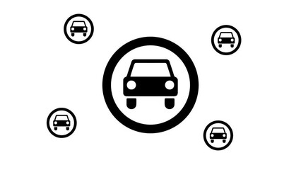 Poster - Zoom in and out animation the no car symbol. Large black symbol in the center and four small symbols around. Seamless looped 4k animation on white background