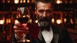 Sommeliers adult male hold glass red wine tasting degustation card, banner wineshop