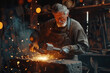A blacksmith in a blacksmith's workshop forges metal, sparks fly