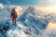 A mountaineer scaling a rugged peak, challenging himself against the elements and experiencing the raw beauty of high-altitude landscapes. Concept of adventure and exploration. Generative Ai.