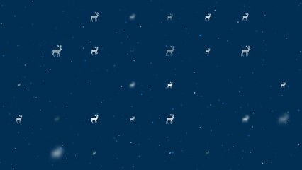Poster - Template animation of evenly spaced deer symbols of different sizes and opacity. Animation of transparency and size. Seamless looped 4k animation on dark blue background with stars