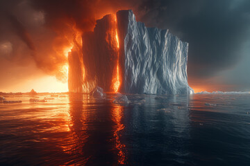 Wall Mural - The clash between a heatwave and an iceberg, illustrating the collision of scorching temperatures and frigid ice masses. Concept of temperature extremes. Generative Ai.