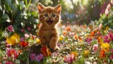 Fototapeta Las -   A small kitten walks through a field of flowers with an open mouth and wide-open eyes