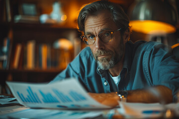 Poster - a businessman studying financial charts and graphs in a boardroom, strategizing for future investmen