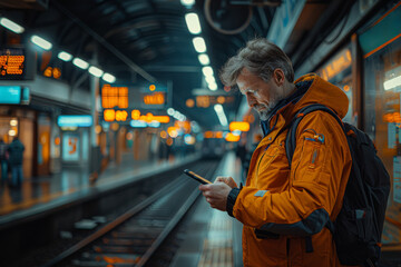 Poster - a trader monitoring stock prices on a mobile device while commuting, seizing trading opportunities o