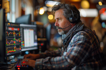 Poster - a day trader executing rapid buy and sell orders in front of multiple computer screens, capitalizing
