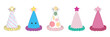 A row of colorful party hats adorned with stars lined up neatly in a festive display. Each hat is vibrant and ready for celebration