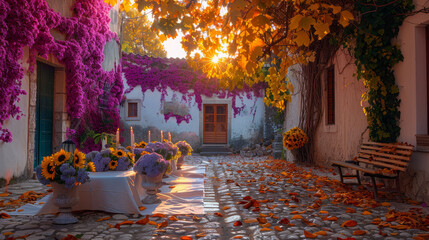 Poster -   A few benches situated beside one another on a cobblestone path, adorned with flowers before them