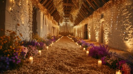 Poster -   A long walkway, lined with an abundance of flowers, is illuminated by lit candles before a stone wall and ceiling