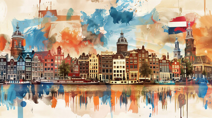 Vibrant artwork blending a classic view of amsterdam with abstract paint splashes