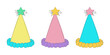 Three colorful party hats with star-shaped toppers. The hats are ready for a festive celebration and are decorated with vibrant colors