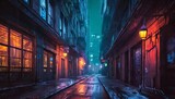 Fototapeta Uliczki - cyberpunk post apocalyptic dystopian winter city narrow street neon lights concept art digital painting cinematic