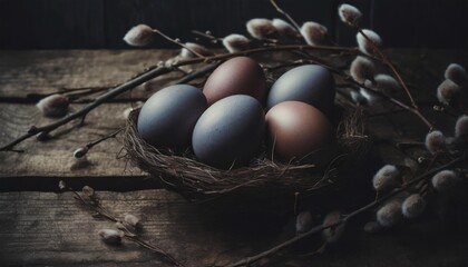 Sticker - easter eggs with branches on wood background