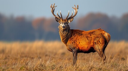 Wall Mural - a tight shot of a deer grazing in a field of green grass in the distance, trees frame the scene, and