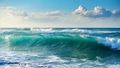 Sticker - waves of ocean water or sea in summer bright blue and turquoise colors in early morning sun light cloudy sky background