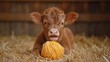   A brown cow sits atop a heap of hay, holding a ball of yarn in its mouth