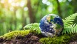 planet earth on soil with green moss and ferns in sunny forest with bokeh background ecology and earth day concept map provided by nasa