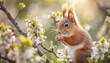 Spring video with cute red squirrel in the spring garden in the branches of a white cherry blossom. Beautiful soft pink white blossom flowers on branch with sunlight shining. Spring landscape